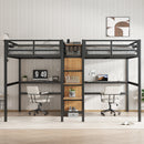 Twin Over Twin Metal Loft Bed with Double Desk and Wardrobe and Shelves with Electrical Outlet for Space Saving and Noise Reduction, woodgrain
