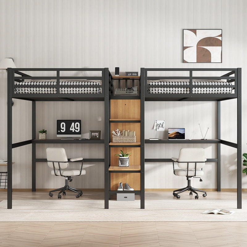 Twin Over Twin Metal Loft Bed with Double Desk and Wardrobe and Shelves with Electrical Outlet for Space Saving and Noise Reduction, woodgrain