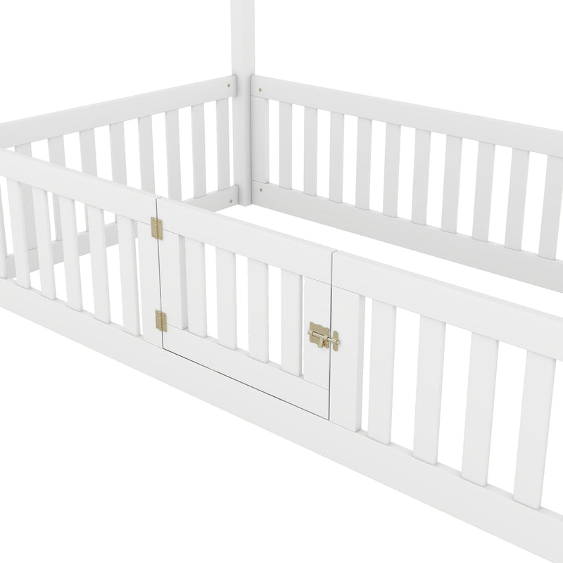 Walker Edison | Twin Size Wood House Bed with Fence and Door, White