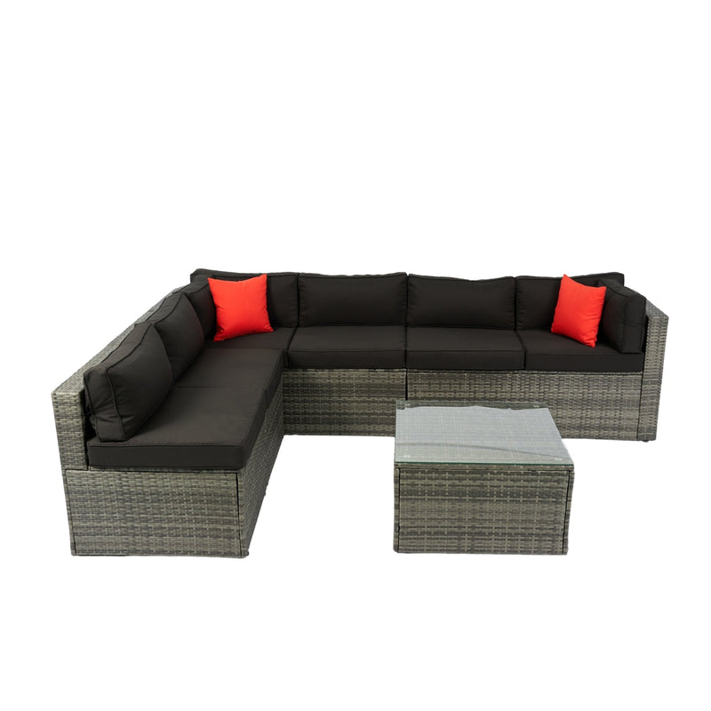 5 Pieces PE Rattan sectional Outdoor Furniture Cushioned U Sofa set with 2 Pillow Grey wicker + Black Cushion