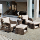 5 Pieces Outdoor Patio Furniture Set with Pet House Cool Bar and Retractable Side Tray, Rattan Wicker Patio Swivel Rocking Chairs Set of 2 with Ottomans for Backyard, Porch, Balcony, Beige