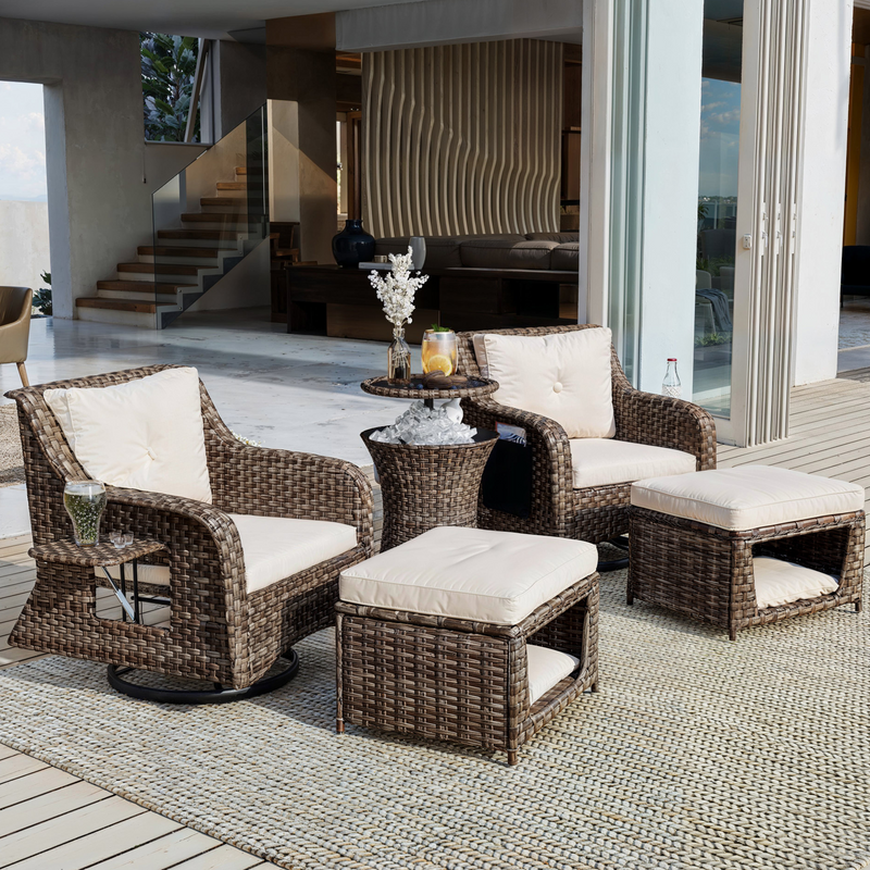 5 Pieces Outdoor Patio Furniture Set with Pet House Cool Bar and Retractable Side Tray, Rattan Wicker Patio Swivel Rocking Chairs Set of 2 with Ottomans for Backyard, Porch, Balcony, Beige