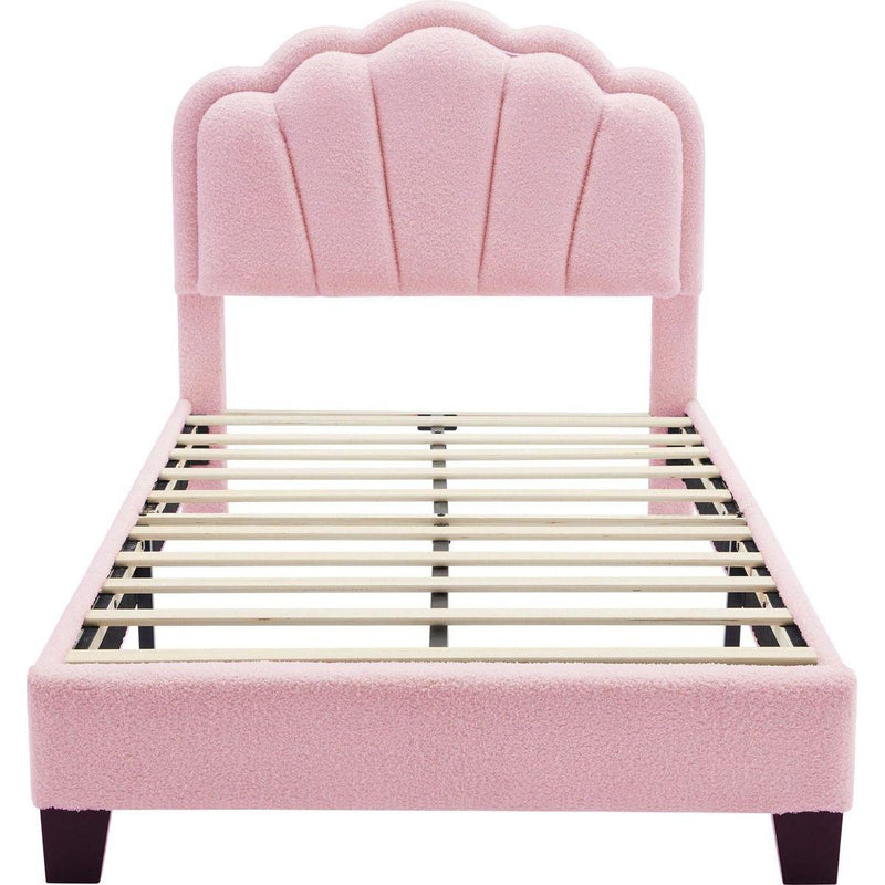 2-Pieces Bedroom Sets Twin Size Flower-Shaped Upholstered LED Platform Bed with Storage Ottoman-Sherpa Fabric, Pink