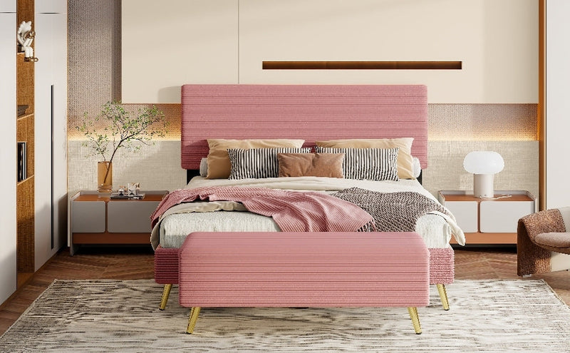 2 Pieces Bedroom Sets Queen Size Upholstered Bed Frame, Modern Corduroy Storage Ottoman,Pink