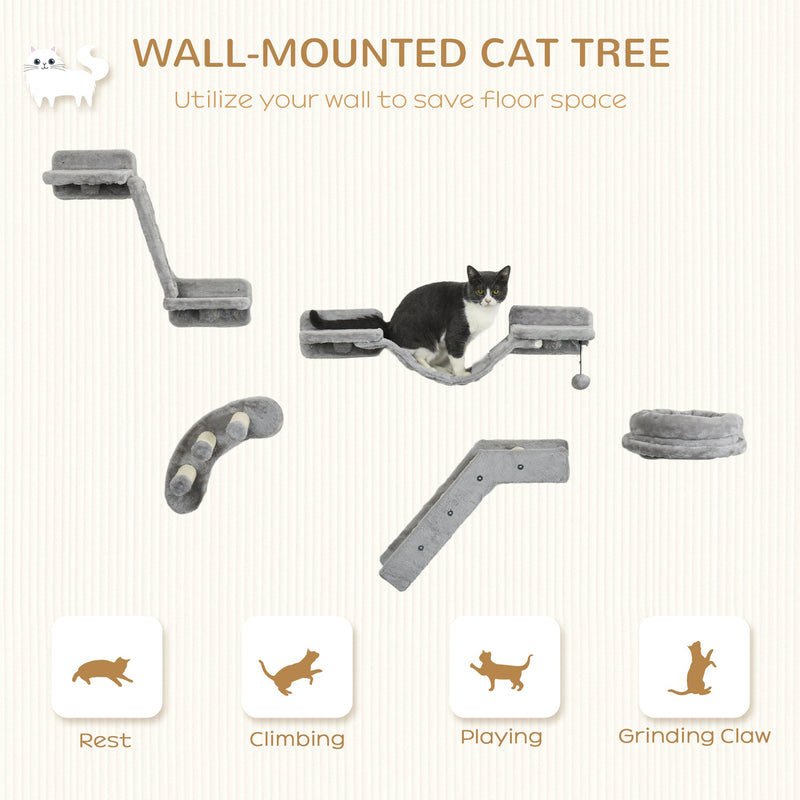 5PCs Cat Wall Shelves, Cat Wall Furniture with Steps, Perches, Ladders, Platforms, Wall Mounted Cat Furniture with Soft Plush, Sisal, for Indoor Cats, Gray