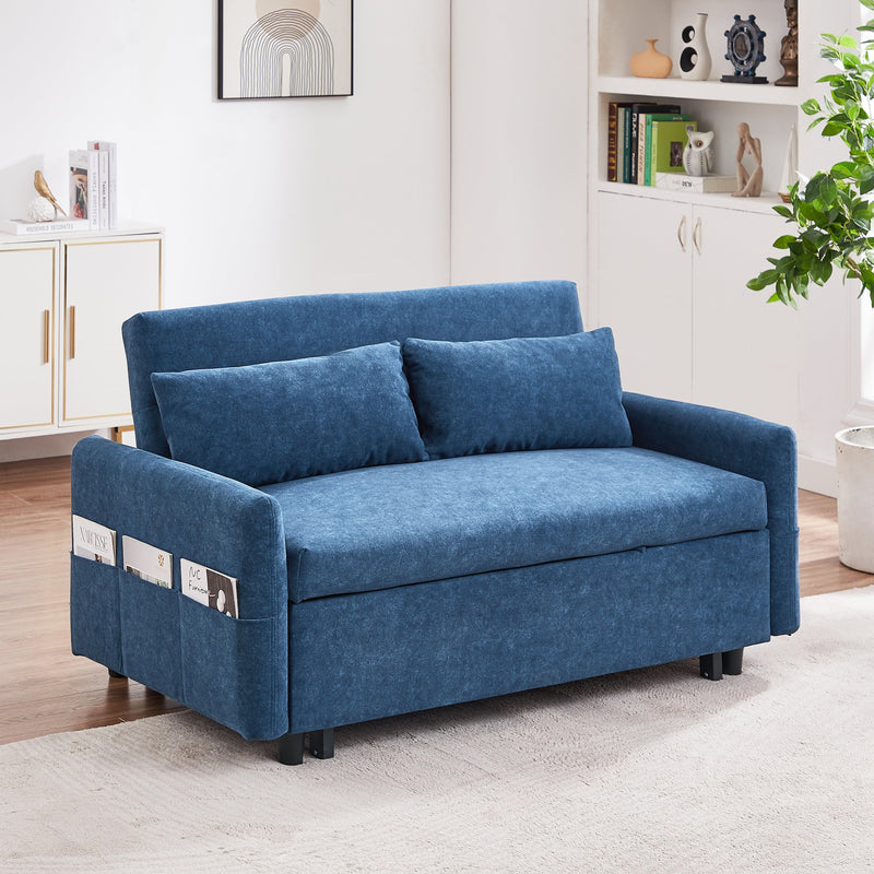 55.1" Pull Out Sleep Sofa Bed Loveseats Sofa Couch with Adjustable Backrest, Storage Pockets, 2 Soft Pillows, USB Ports for Living Room, Bedroom, Apartment, Office, Blue