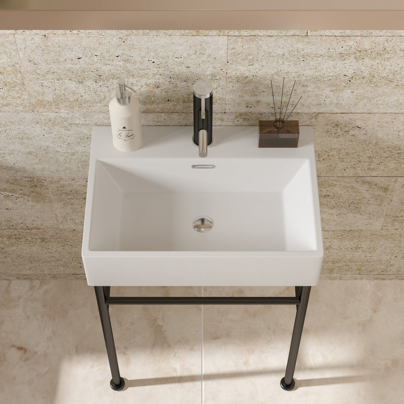 24" Bathroom Console Sink with Overflow, Ceramic Console Sink White Basin Black Legs