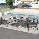 4-Piece Rope Patio Furniture Set, Outdoor Furniture with Tempered Glass Table, Patio Conversation Set Deep Seating with Thick Cushion for Backyard Porch Balcony (Grey)