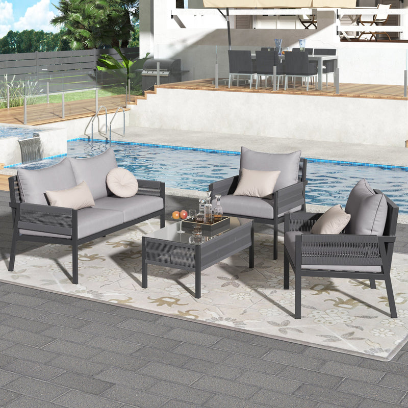4-Piece Rope Patio Furniture Set, Outdoor Furniture with Tempered Glass Table, Patio Conversation Set Deep Seating with Thick Cushion for Backyard Porch Balcony (Grey)