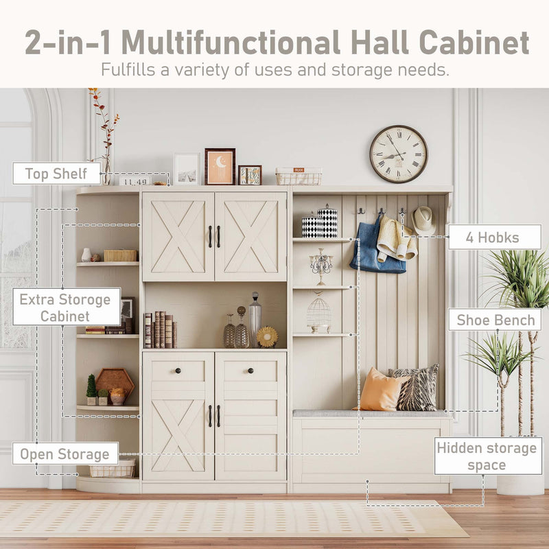 Multifunctional left-right combination hall cabinet (can be used separately) with storage and 4 hooks, storage cabinet/ hall tree 2 in 1 for living room, kitchen and hallway,antique Beige