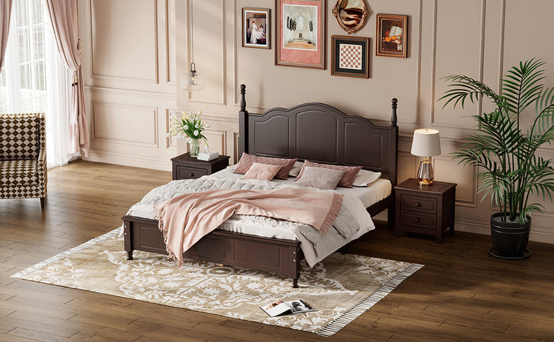 3-Pieces Bedroom Sets,Queen Size Wood Platform Bed and Two Nightstands-Dark Walnut