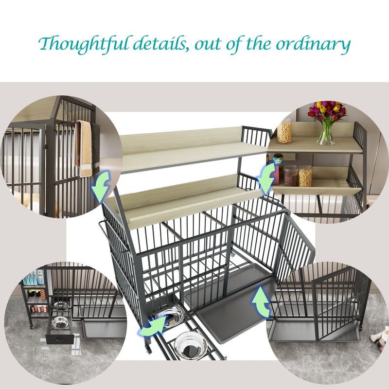 Large pet cage with storage rack, drawers with stainless steel food and water basin, made of iron frame and MDF material, sturdy, exquisite, and practical (black+beige)