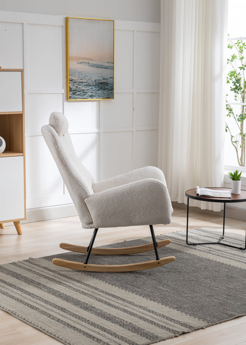 35.5 inch Rocking Chair with Pocket, Soft Teddy Fabric Rocking Chair for Nursery, Comfy Wingback Glider Rocker with Safe Solid Wood Base for Living Room Bedroom Balcony (white)