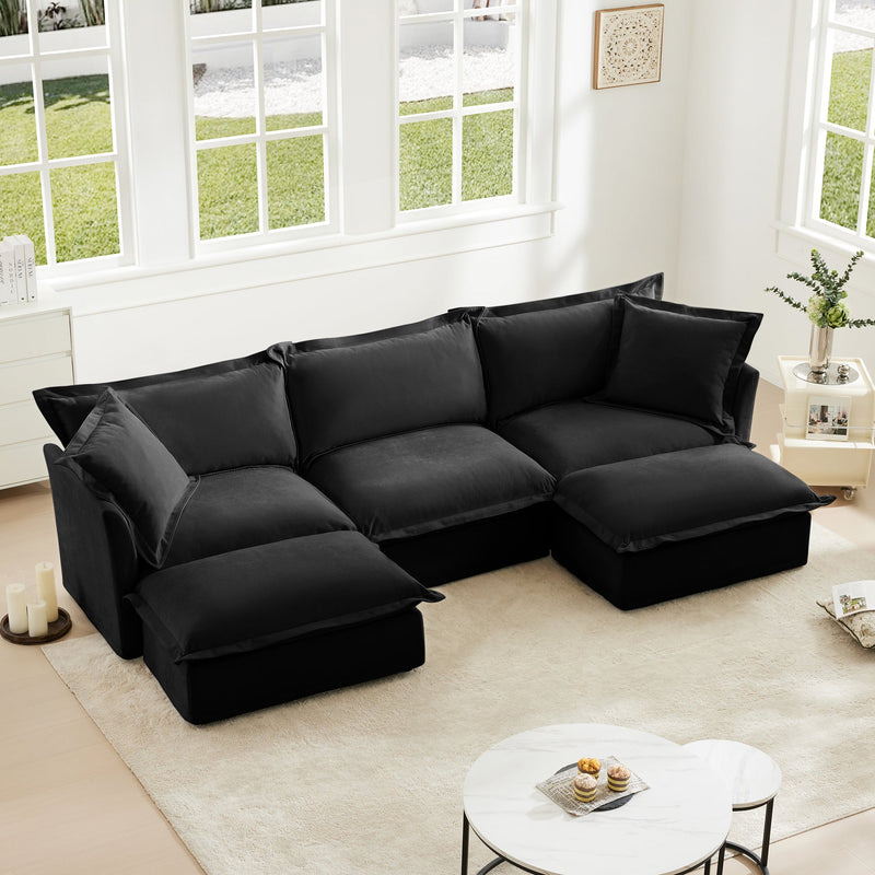 Slipcovered U Shape Sectional Deep Seat Sofa Couch, 3 Seater Sofa with French Edges Design Multiple Big Pillows, Modular Deep Seat Sectional Sofa Comfy Cloud Couch for Living Room, Apartment,Chenille