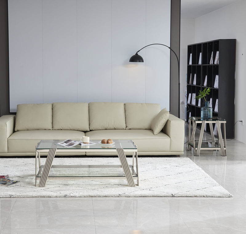 Modern Stainless Steel Coffee Table Set (Set of 2), Double-Layer Clear Tempered Glass Table Top, Coffee Table & End Side Table 2-Pieces Sets for Living Room Home Office, Silver
