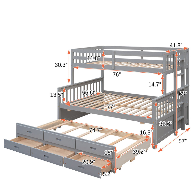 Twin-Over-Full Bunk Bed with Twin size Trundle, Separable Bunk Bed with Drawers for Bedroom - Gray