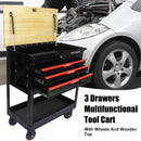 3 DRAWERS MULTIFUNCTIONAL TOOL CART WITH WHEELS AND WOODEN TOP