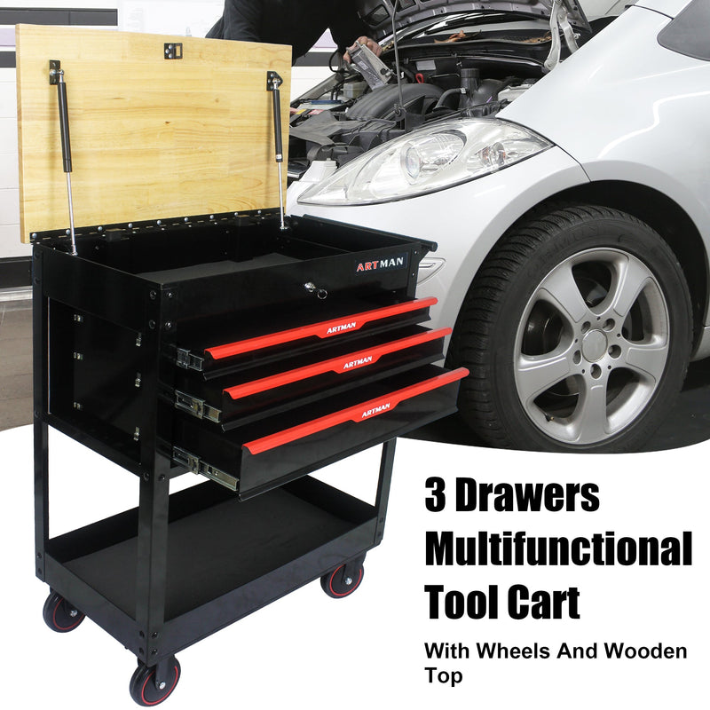 3 DRAWERS MULTIFUNCTIONAL TOOL CART WITH WHEELS AND WOODEN TOP