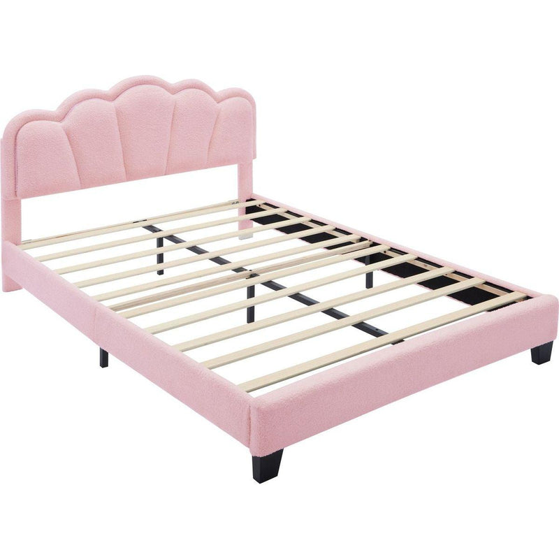 2-Pieces Bedroom Sets Full Size Flower-Shaped Upholstered LED Platform Bed with Storage Ottoman-Sherpa Fabric, Pink