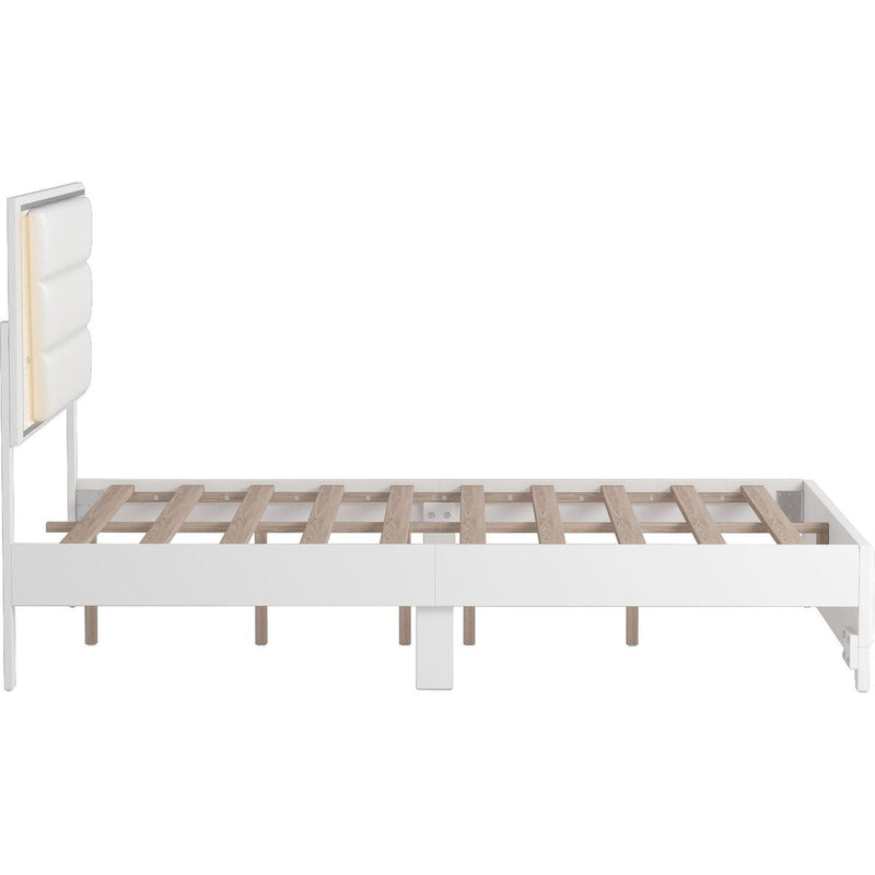 3-Pieces Bedroom Sets Queen Size Upholstered Bed with LED Lights, Nightstands and Dresser with Metal Handles and Sparkling Shiny Decoration, White