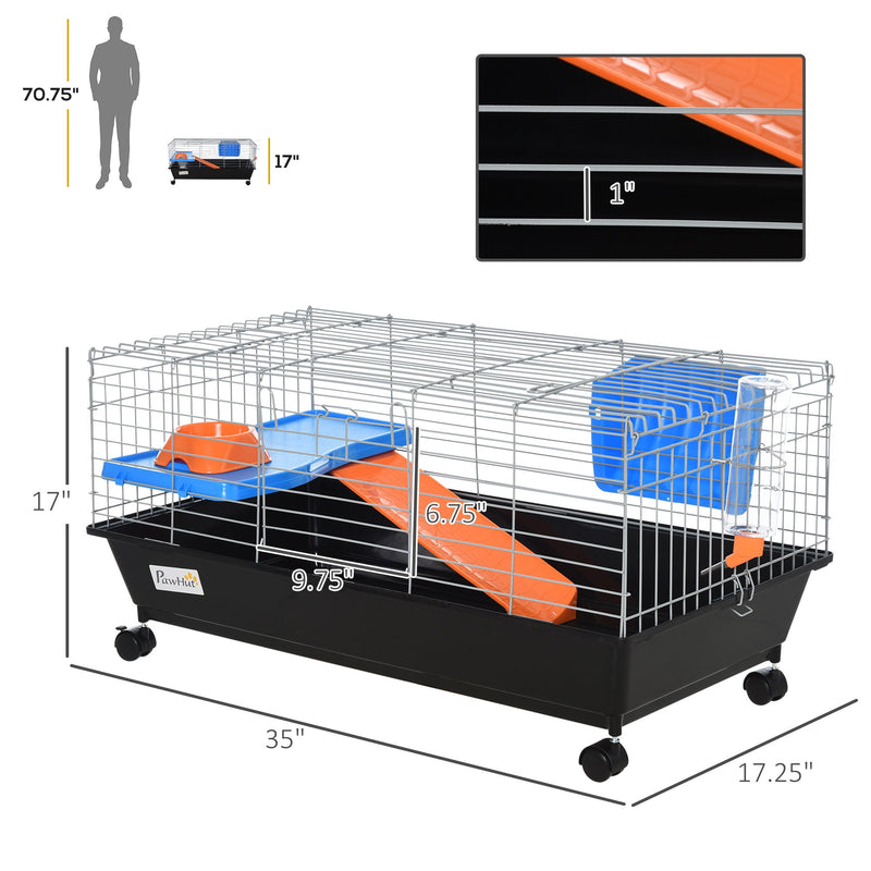 35"L Small Animal Cage, Rolling Bunny Cage, Guinea Pig Cage with Food Dish, Water Bottle, Hay Feeder, Platform, Ramp for Ferret Chinchilla, Black