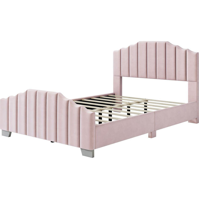 3 Pieces Bedroom Sets Full Size Velvet Upholstered Platform Bed Vertical Channel Tufted Headboard and Two Three-drawer Nightstands,Pink