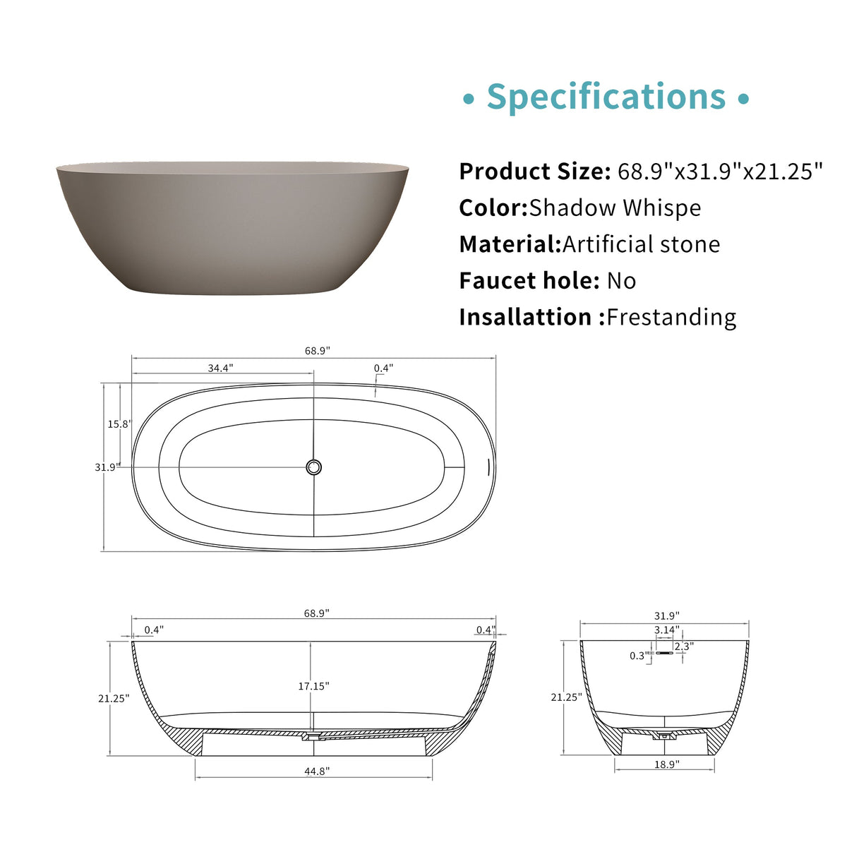 69'' Freestanding Bathtub Resin Stone Soaking Bathtub, photo 7 of 10