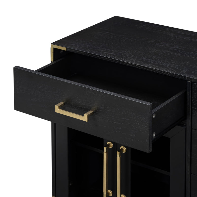 6-drawer and 2-Cabinet Retro Sideboard with Extra Large Storage Space, with Gold Handles and Solid Wood Legs, for Kitchen and Living Room (Black)
