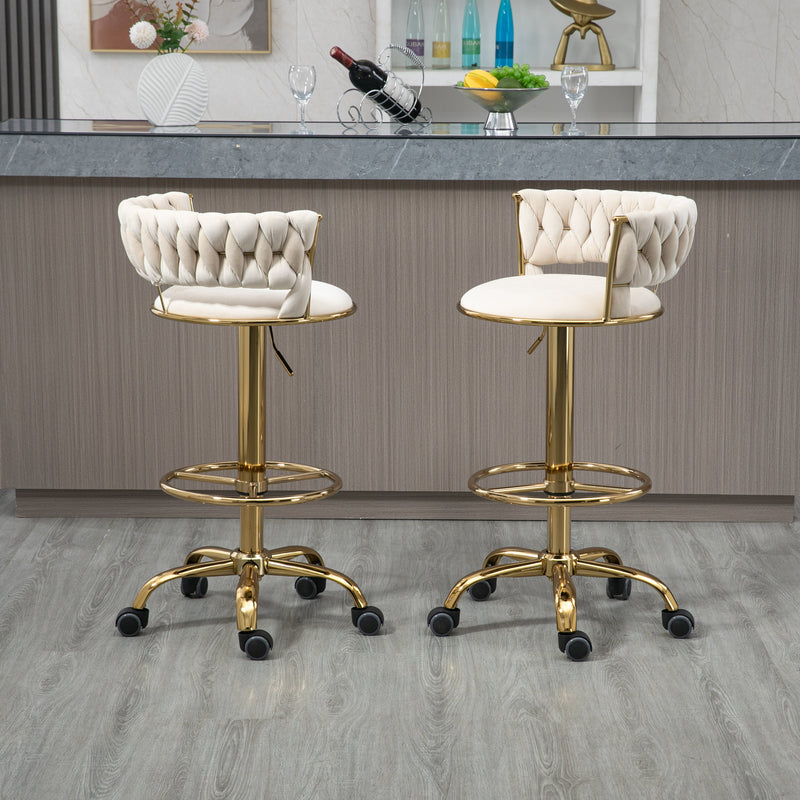 360 Adjustable Barstools Set of 2, Ergonomic Drafting Chair with Round Footrest and Backrest, Swivel Rolling Wheels for Spa, Studio, Classroom, Lab, Counter, Salon, Ivory