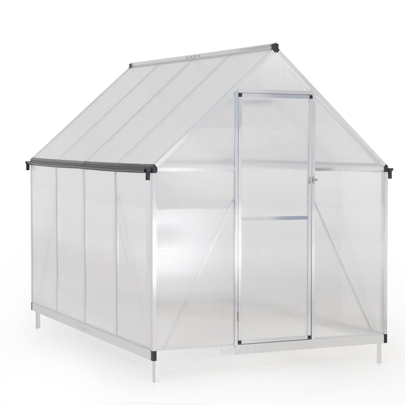 6x8 FT Polycarbonate Greenhouse, Outdoor Walk-in Green House with Vent Window, Hinged Door, Rain Gutter, Heavy-Duty Aluminum Hot House for Backyard Garden