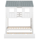 Twin Size House Bunk Bed With Trundle, Roof And Windows - White / Gray by HouseOfZazla