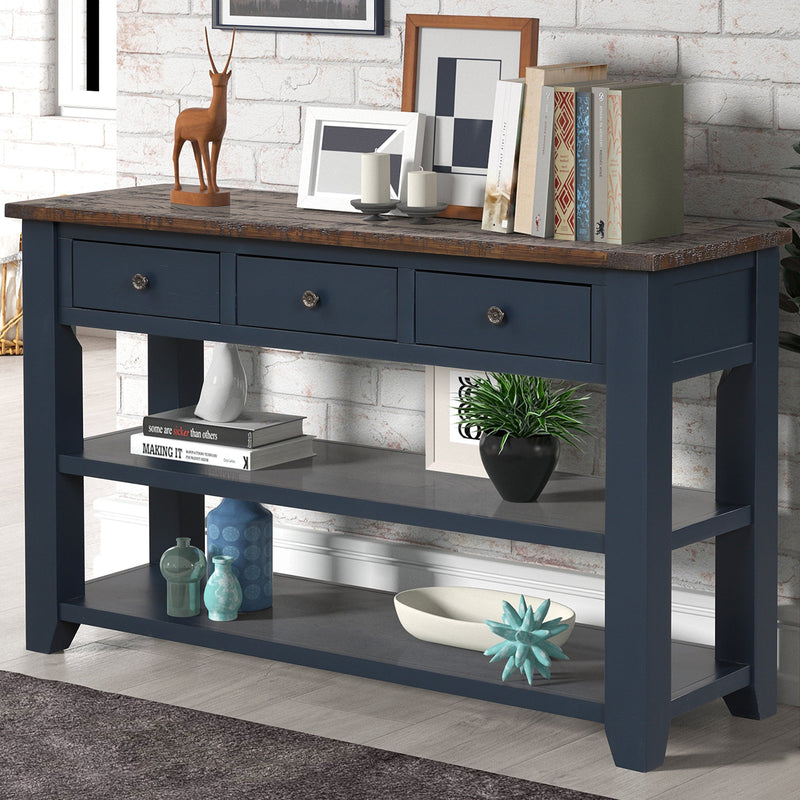48" Solid Pine Wood Top Console Table, Modern Entryway Sofa Side Table with 3 Storage Drawers and 2 Shelves. Easy to Assemble (Blue)