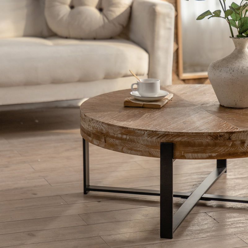 31.29" Modern Retro Splicing Round Coffee Table, Fir Wood Table Top with Cross Legs Metal Base