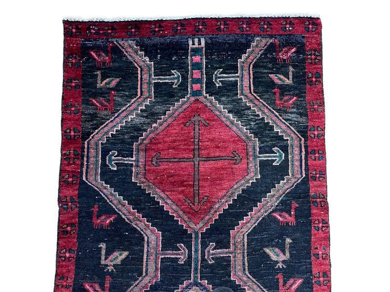 3 X 7 Handmade Wool Tribal Runner Rug Geometric Red Blue Boho Organic Dyes