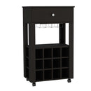 39" H black bar- coffee cart, Kitchen or living room cabinet storage, with 12 bottle racks, a central shelf with 1 Cup holders, 1 drawer ideal for storing small things
