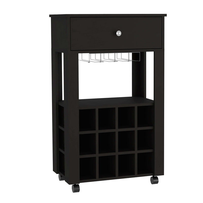 39" H black bar- coffee cart, Kitchen or living room cabinet storage, with 12 bottle racks, a central shelf with 1 Cup holders, 1 drawer ideal for storing small things