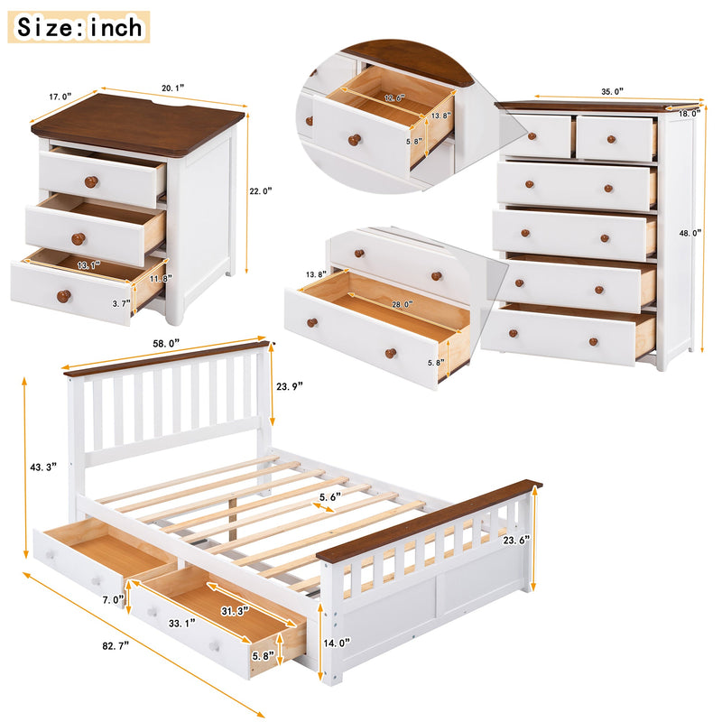 3-Pieces Bedroom Sets Full Size Platform Bed with Nightstand(USB Charging Ports) and Storage Chest,White+Walnut