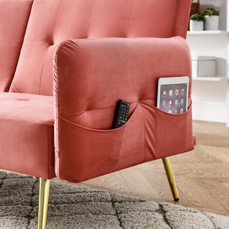 78" Italian Velvet Futon Sofa Bed, Convertible Sleeper Loveseat Couch with Folded Armrests and Storage Bags for Living Room and Small Space, Pink 280g velvet