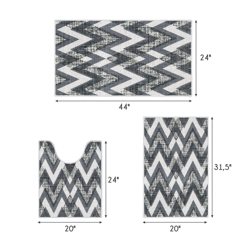 Chevron Design 3 Piece Bathroom Rugs Set | Gray