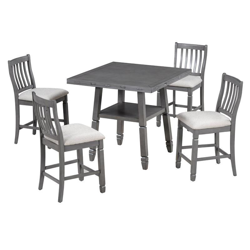 5-Piece Counter Height Dining Table Set in 2 Table Sizes with 4 Folding Leaves and 4 Upholstered Chairs for Dining Room (Gray+Beige Cushion)