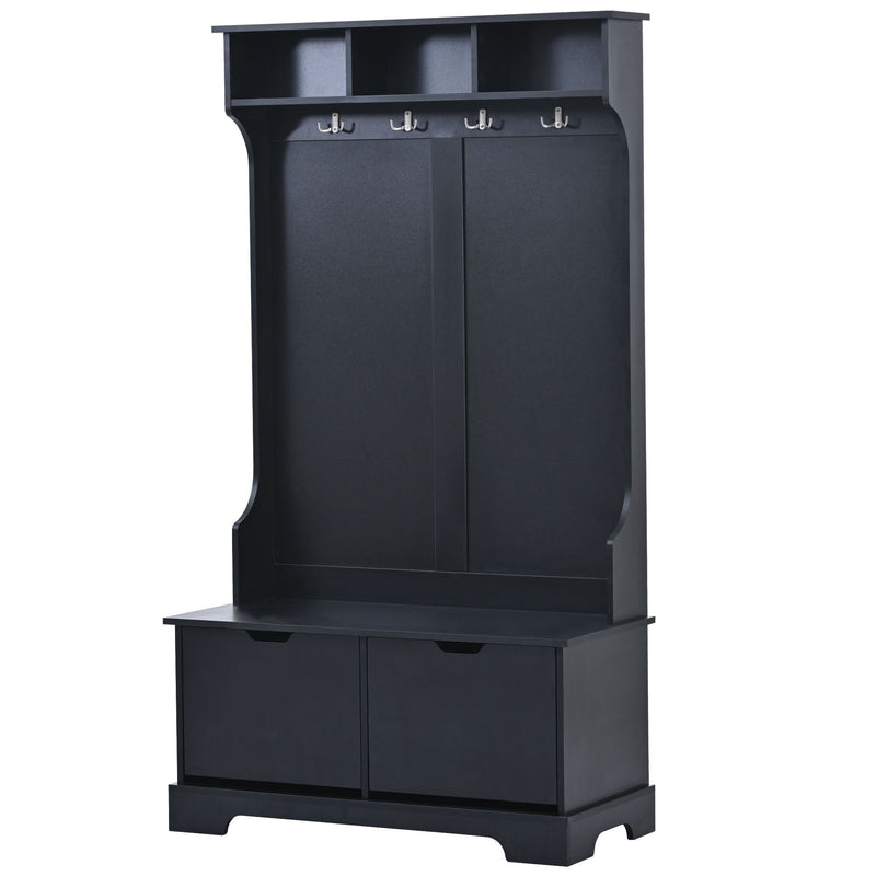 All in One Hall Tree with 3 Top Shelves and 2 Flip Shoe Storage Drawers, Wood Hallway Organizer with Storage Bench and Metal Hanging Hooks, Black