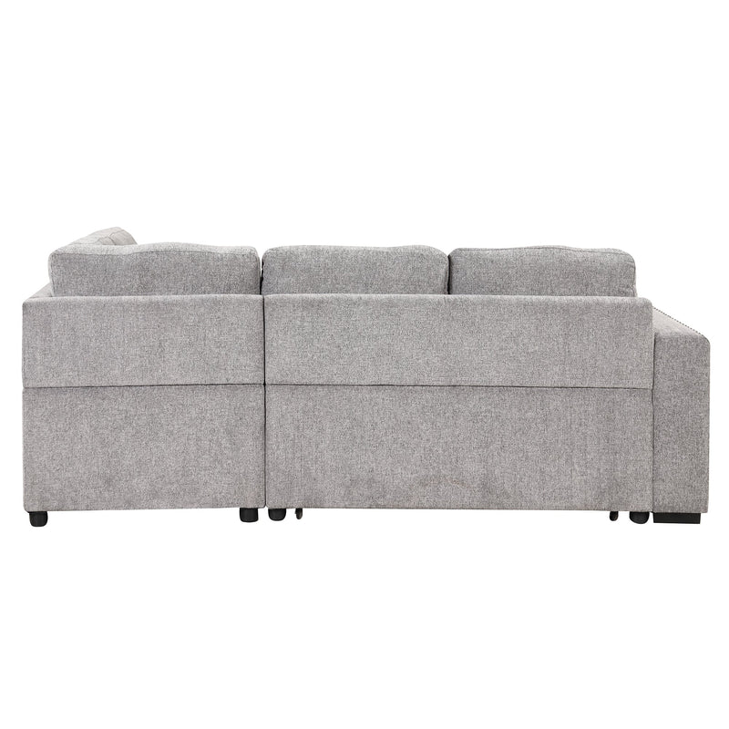 83.8" Reversible Sectional Pull-Out Sofa Bed L-Shaped Corner Sofa Couch with Storage Chaise, USB Ports, Power Sockets, Cup Holder for Living Room, Bedroom, Study,Light Gray
