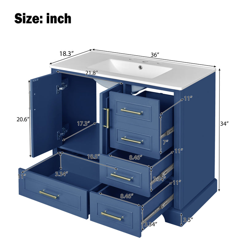 36' Traditional Bathroom Vanity with Ceramics Sink , Blue Bathroom Cabinet with Two Soft Close Doors and Four Drawers(Old sku:SV000026AAC)