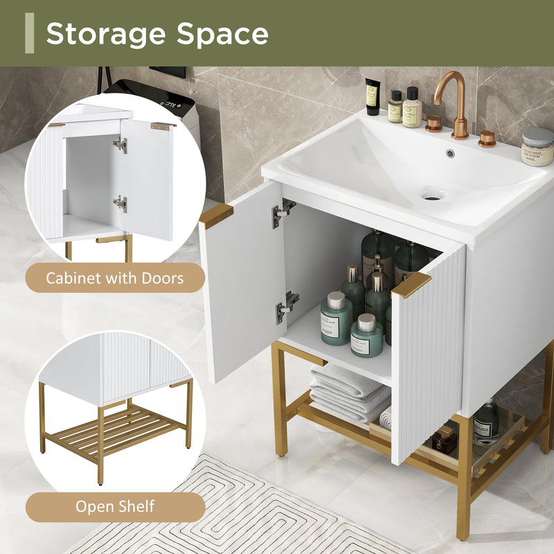 24" Bathroom Vanity with Sink, Bathroom Vanity Cabinet with Two Doors and Gold Metal Frame, Open Storage Shelf, White