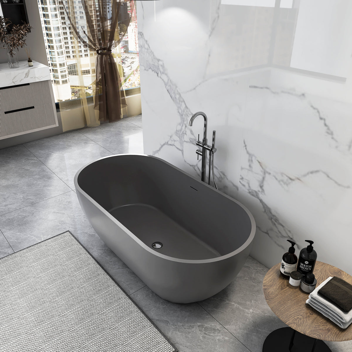 59 Inch Solid Surface Oval Freestanding Bathtub, photo 3 of 10
