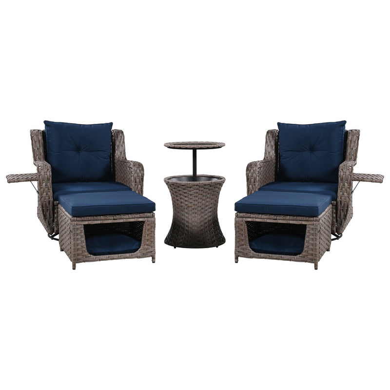 5 Pieces Outdoor Patio Furniture Set with Pet House Cool Bar and Retractable Side Tray, Rattan Wicker Patio Swivel Rocking Chairs Set of 2 with Ottomans for Backyard, Porch, Balcony, Navy Blue