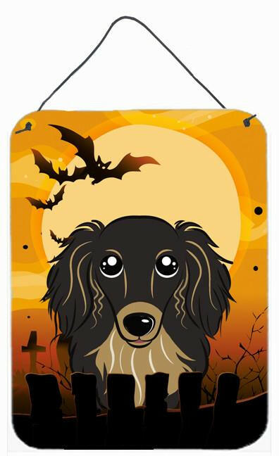 Halloween Longhair Black and Tan Dachshund Wall or Door Hanging Prints BB1771DS1216