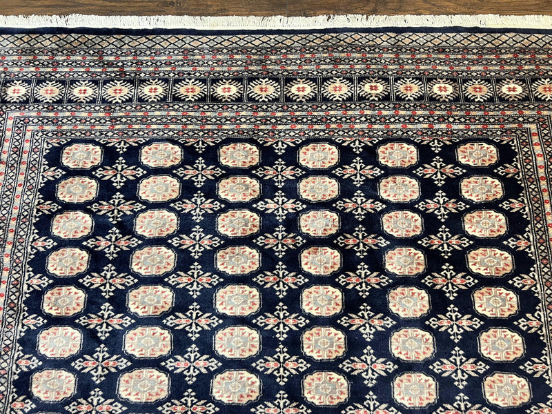 Pakistani Bokhara Rug 8x10, Turkoman Carpet, Dark Blue and Beige, Vintage Handmade Wool Carpet