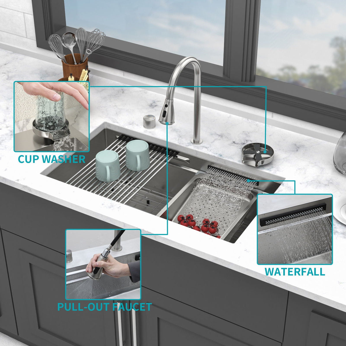 Undermount Stainless Steel Kitchen Sink With Pull Down Faucet & Ledge Workstation, photo 19 of 23