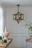 3 Light Wood Drum Chandelier, Hanging Light Fixture With Adjustable Chain For Kitchen, Bulb Not Included - Brown by HouseOfZazla